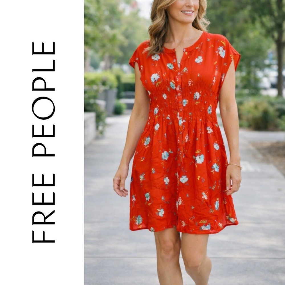 Free People, Red Floral Smocked Drop Arm Hole Button Front Mini Dress Size Large